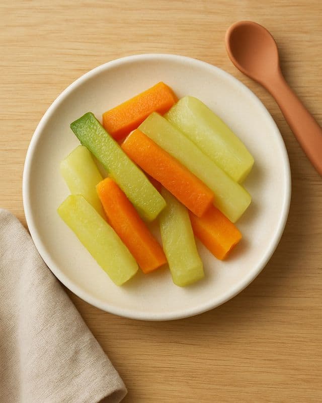 Plato con bastones de calabacín y zanahoria al vapor