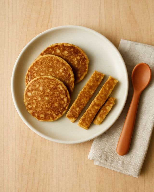 Plato con panqueques pequeños de banana y avena, algunos cortados en tiras