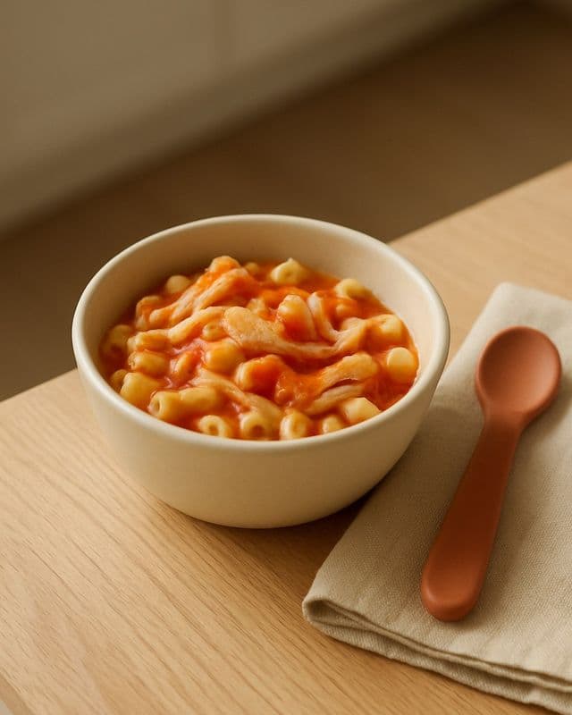 Tazón de pasta corta con tomate y pollo