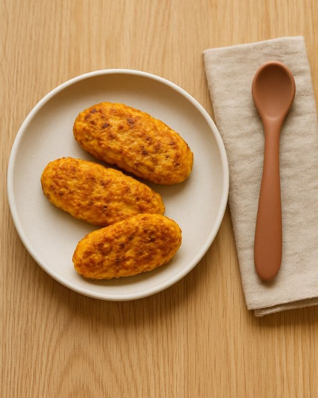 Plato con tres tortitas alargadas de camote y avena