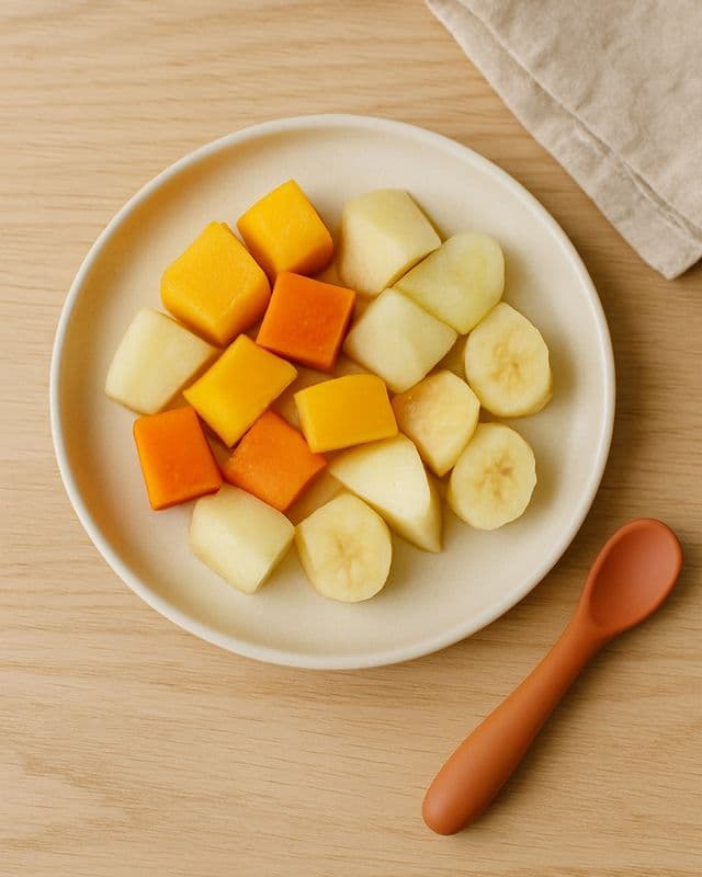 Plato con fruta madura cortada en trozos