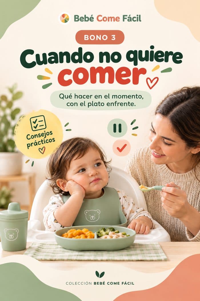 Guía Cuando no quiere comer, con una mamá y su bebé en la mesa