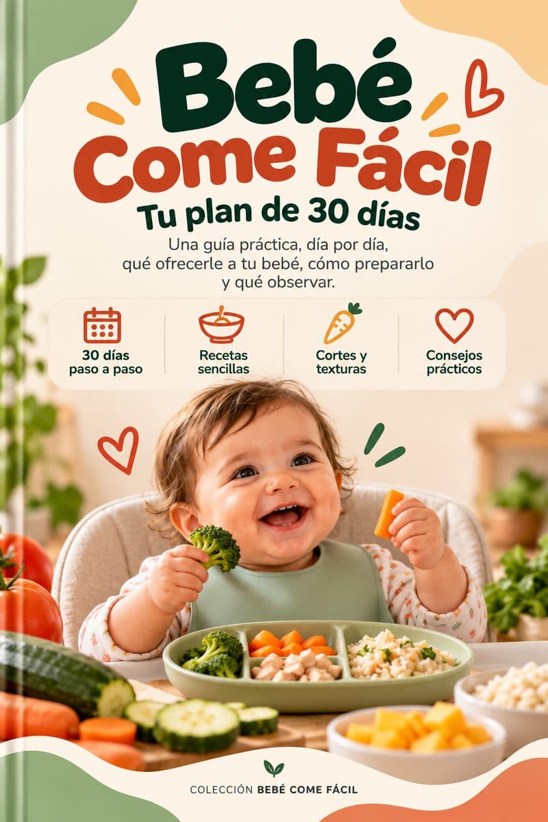 Bebé sonriente comiendo verduras, con la guía Bebé Come Fácil
