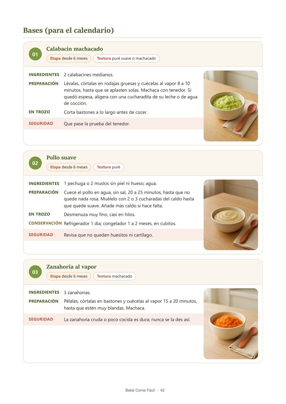 Página con tres recetas de 6 a 8 meses