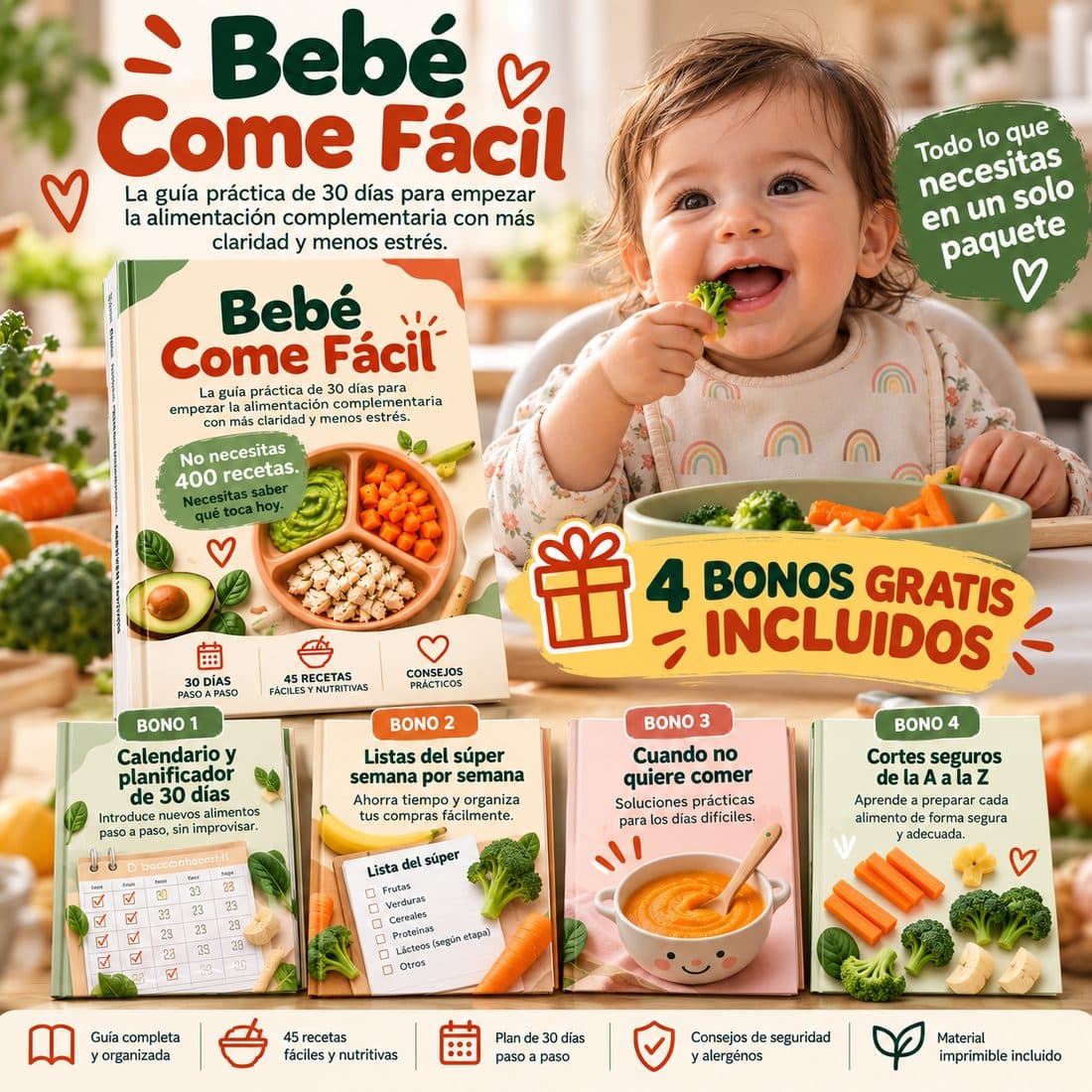 Bebé comiendo brócoli junto a la guía Bebé Come Fácil y sus 4 bonos incluidos